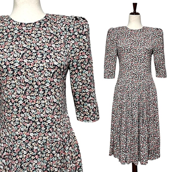 Paquette Petite Vintage 80s Puff Sleeve Ditsy Floral Midi Dress Size 10P - Picture 1 of 13